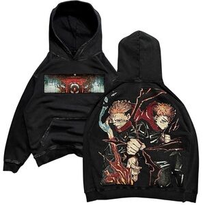 CUSTOM JUJUTSU KAISEN TAPESTRY MENS L BLACK VINTAGE WASHED HEAVY WEIGHT HOODIE
